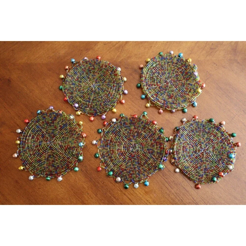 Lot 5x Pier 1 Imports Pier One Festive Beaded 4” Jingle Coasters Bells Christmas